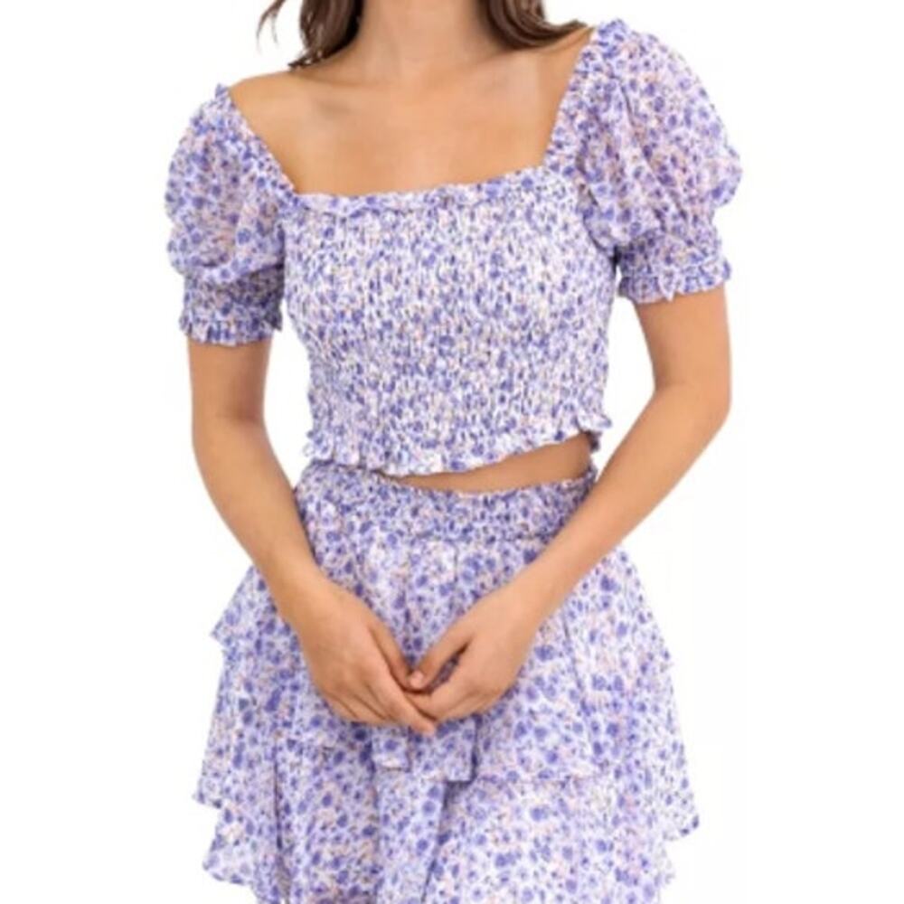NWT Le Lis Smocked Puff Sleeve Crop Top White Purple Women's Size Large